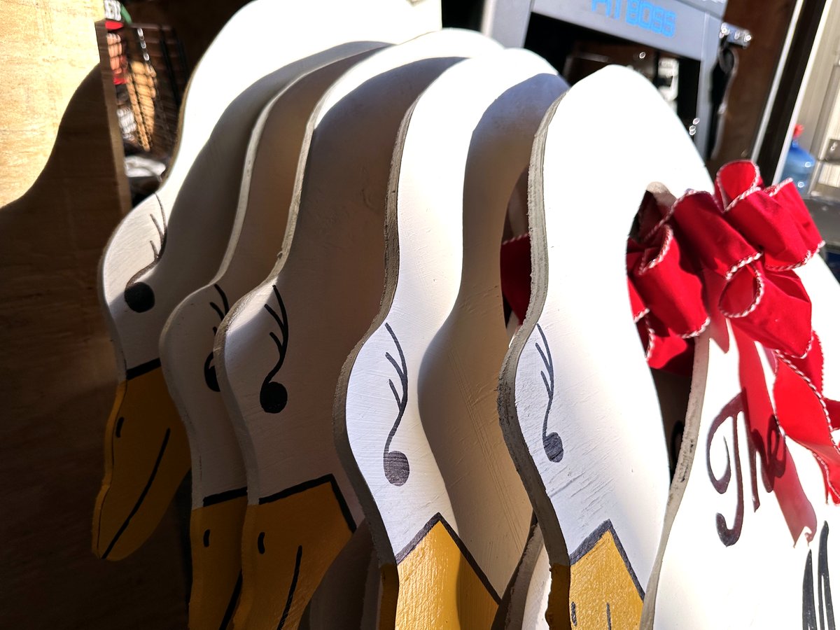 A row of painted goose heads with yellow beaks drying in the sun